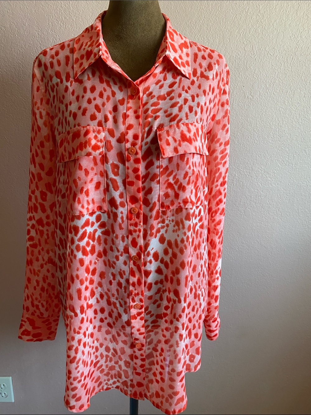 A.N.A Coral and White Printed Button-Front Blouse